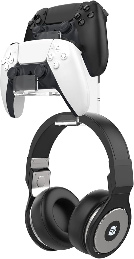 oopz' Controller Holder & Headphone Stand, Dual Gamepad & Headset Hanger, Fits STEAM, PS3, PS4, PS5, Xbox, PC, Switch, Clear Acrylic