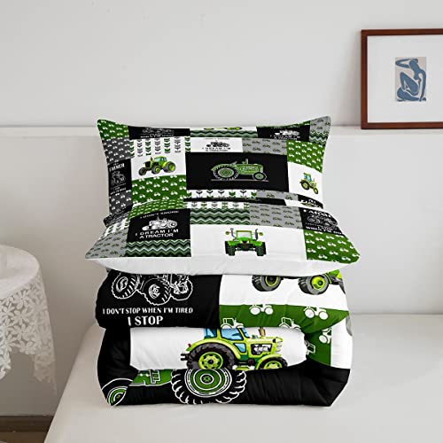 Image of Feelyou Tractor Comforter Set Cartoon Farm Tractor Down Duvet for Kids Boys Girls Truck Car Bedding Set Harvester Excavator Comforter Green 1 Comforter Set with 2 Pillowcases Queen Size Boys