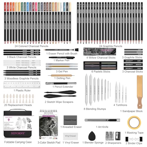 HIFORNY-126-PCS-Drawing-Kit-Sketching-Pencil-SetSketch-Pencils-Art-Supplies-with-3-Color-SketchbookGraphiteCharcoalBlending-and-Drawing-ToolsDrawing-Pencils-for-Adults-Artists-in-Zipper-Case