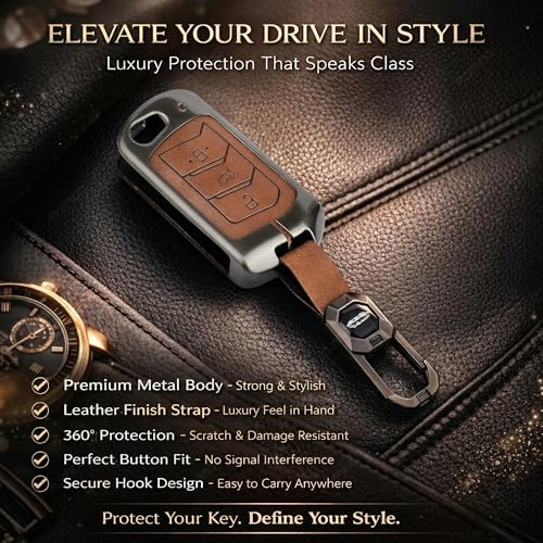 Image of Premium Metal Leather Key Cover Compatible with Mahindra Scorpio, Marazzo, Xuv 300, Xuv 700 Xuv 400 Ev, Bolero, Thar, Tuv 3 Button Flip Key Full Leather and Metal Protection with Keychain