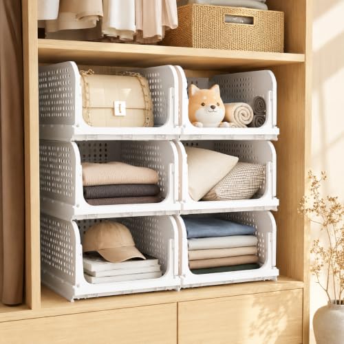 Image of MARKWELL 6 Layer Stackable Wardrobe Organizer for Clothes, Foldable Plastic Sliding Drawer Basket, Closet & Cupboard Storage for Shirts, Sarees, Towels & Toys, White, 44 x 33 x 19 cm