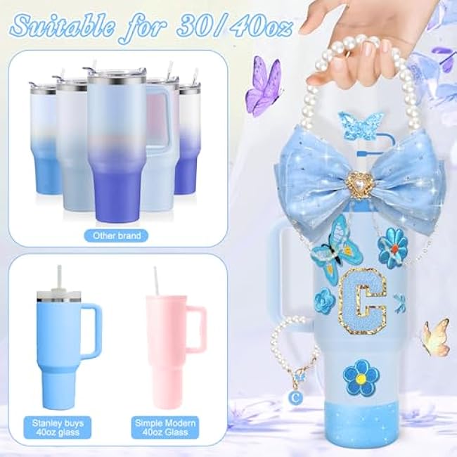 Stanley Cup Accessories,15pcs Bling Accessories for Stanley Cup 30oz 40oz Tumbler Including Straw Cover Sticker,Bow Straw Topper,Pearl Handle Strap,Suitable for Stanley Cup