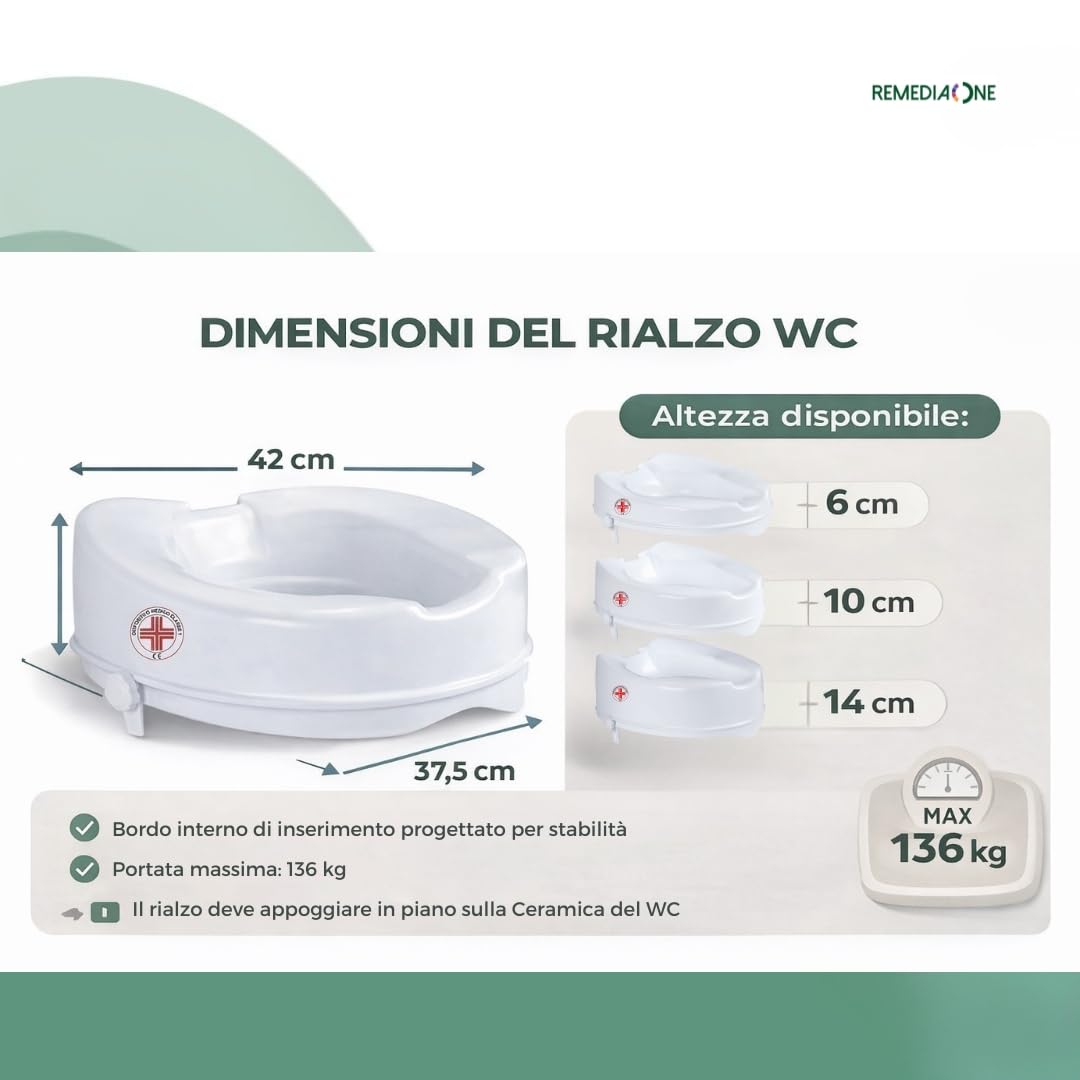 REMEDIA ONE - Rialzo WC per Anziani senza Coperchio, Alzata per Wc Regolabile, Alzawater per Protesi Anca, Seduta Ergonomica – Bianco, 10 cm