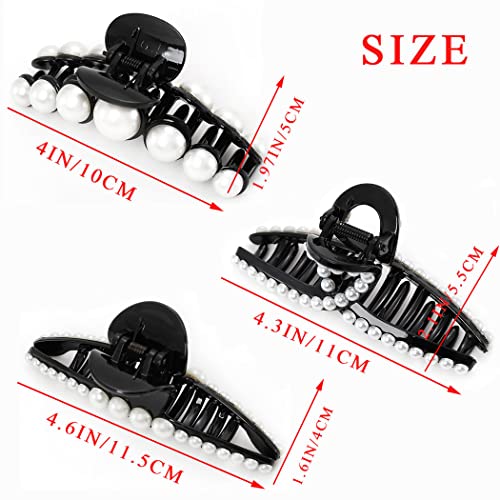 IYOU French Pearl Hair Claws Black Large Plastic Hair Claw Clips Thick Nonslip Hair Jaw Clips for Women(3Pcs) - Image 4