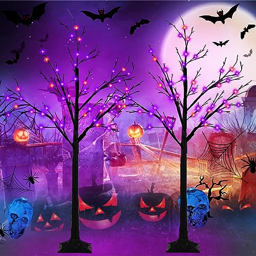 2-Pack 4FT Lighted Black Halloween Tree with 96 LED Orange