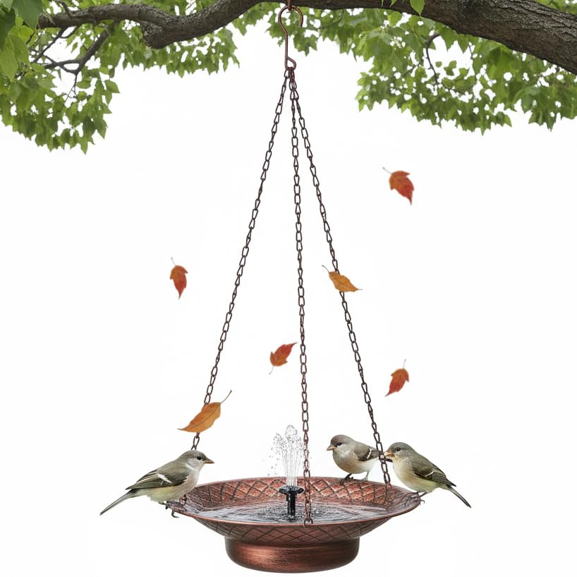 12.6 Hanging Solar Bird Bath Birdbath Fountain Solar Power Metal Bird Bath for Outside Hanging Hanging Bird Fountain for Garden Patio Lawn Decor Bronze