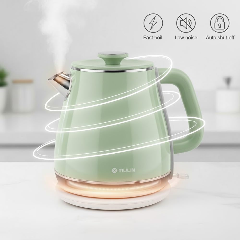 MULIN Bollitore Vintage, Bollitore Elettrico con Base a 360°, Capacità 1.8 L,2200W,ebollizione rapida, Spegnimento Automatico, Acciaio Inossidabile