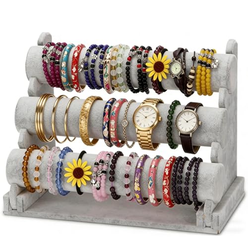 Image of Barelove Velvet Bracelet Holder with 3 Tier Rack, Grey T-Bar Storage Organizer Detachable Display Stand for Necklace Watch Bangles Bracelets Scrunchies Organization Showcase
