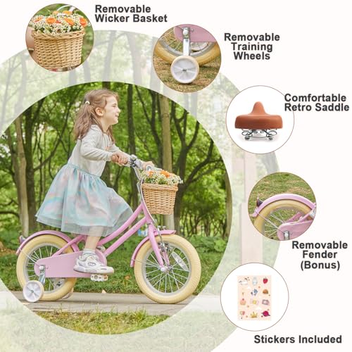 Image of Glerc Little Molly 12-20 Inch Kids Retro Cruiser Bike for 2-13 Year Old with Wicker Basket & Training Wheels /Kickstand, Multiple Colors