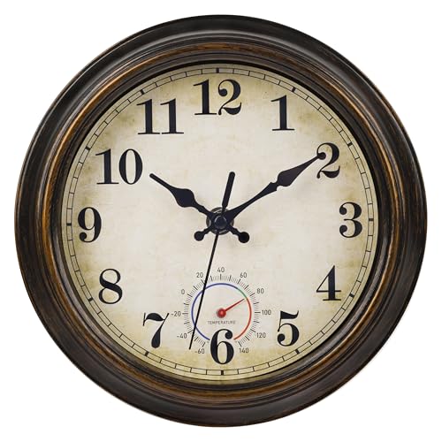 Horizent Outdoor Clocks Waterproof with Thermometer Combo Vintage Rustic Wall Clock for Patio Pool Bathroom...
