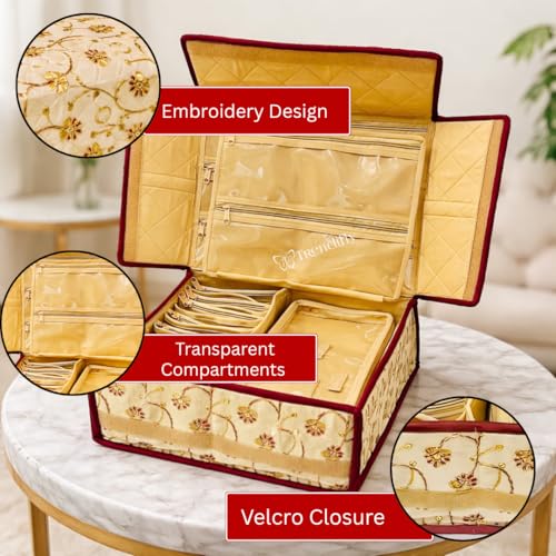 Image of Trendifly Royal Flower Design Jewellery Organiser bag | Travel Makeup Cosmetic Jewelry Storage organizer box for Bridal women Earrings Bracelet Necklace (Brown Tikki)