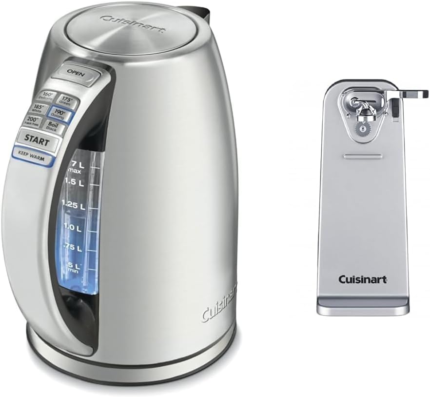 Cuisinart 1.7-Liter Stainless Steel Cordless Electric Kettle with 6 Preset Temperatures & CCO-55 Deluxe, Chrome Electric Can Opener, Silver
