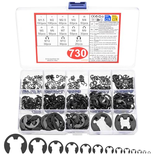 730 Pcs Circlips Assorted Sizes External Retaining Rings Snap Circlip Washers C Clip E Clip Circlip Assortment Kit Internal Snap Opening Rings for Circlips Pliers(Black)