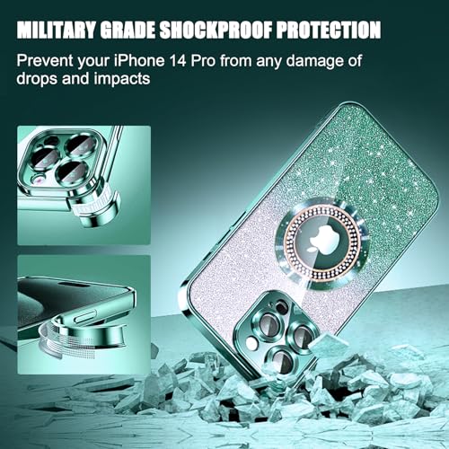 Image of Misscase for iPhone 14 Pro Magnetic Case Compatible with MagSafe,Full Protection Slim Shockproof Anti-Scratch Glitter Case with Camera Lens Protector Logo View Dust-Proof Net for Women Green
