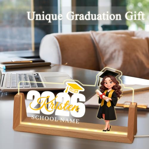 Image of Custom Name Plate for Desk, Personalized Light Up Acrylic Desk Name Plate, Personalized Graduation Gifts 2026 for Him Her, Class of 2026 Graduate Gift, High School College Grad Gift (Graduation Girl)