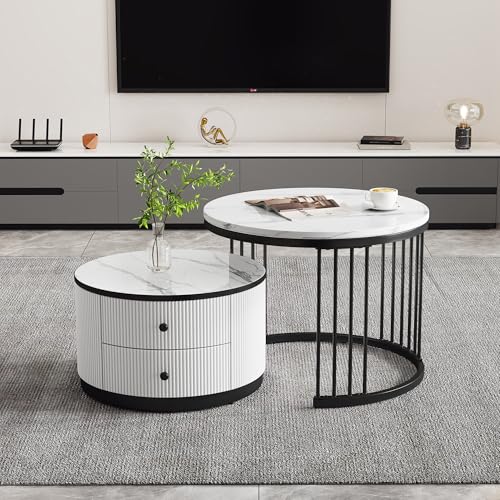 Generisch Juego de mesa de centro Nesting blanco con aspecto de mármol brillante – 2 mesas redondas (60 x 60 x 45,5 cm y 50 x 50 x 32 cm), capacidad de carga de 30 kg, 2 cajones y diseño que ahorra