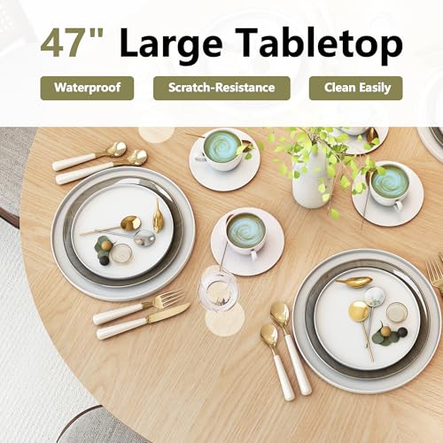 47 inch Round Dining Table for 4, Kitchen Table Dinner Table with 2-Layer Storage Shelf and Wood Slide Door for Home Dining Room Living Room (Natural) - Image 5