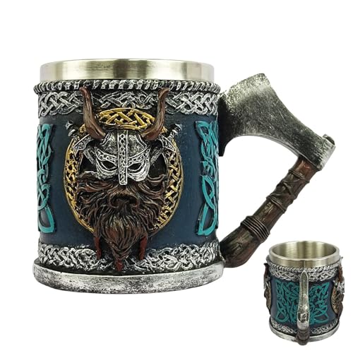 Chope à bière gothique, chope à bière en acier inoxydable de 450 ml, tasse de crâne de guerrier vik-ing nordique, tasse à boire vik-ing de grande...