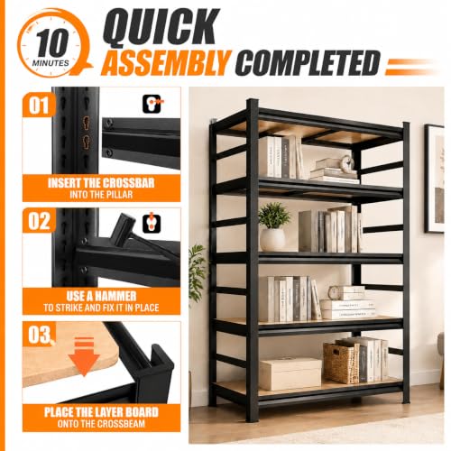 Image of 5 Tier Book Shelf, Adjustable Tall Bookcase with Wood Shelves