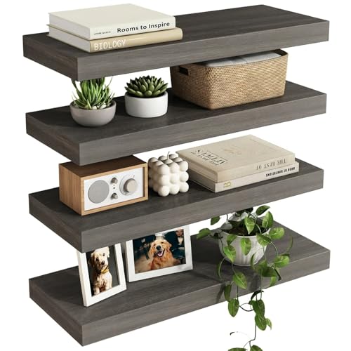 Image of Fixwal 15.8in Floating Shelves, Rustic Wood Finish Wall Shelves Set of 4, Shelves for Wall Decor, with Invisible Brackets for Bathroom, Living Room,Bedroom and Kitchen(Gray)