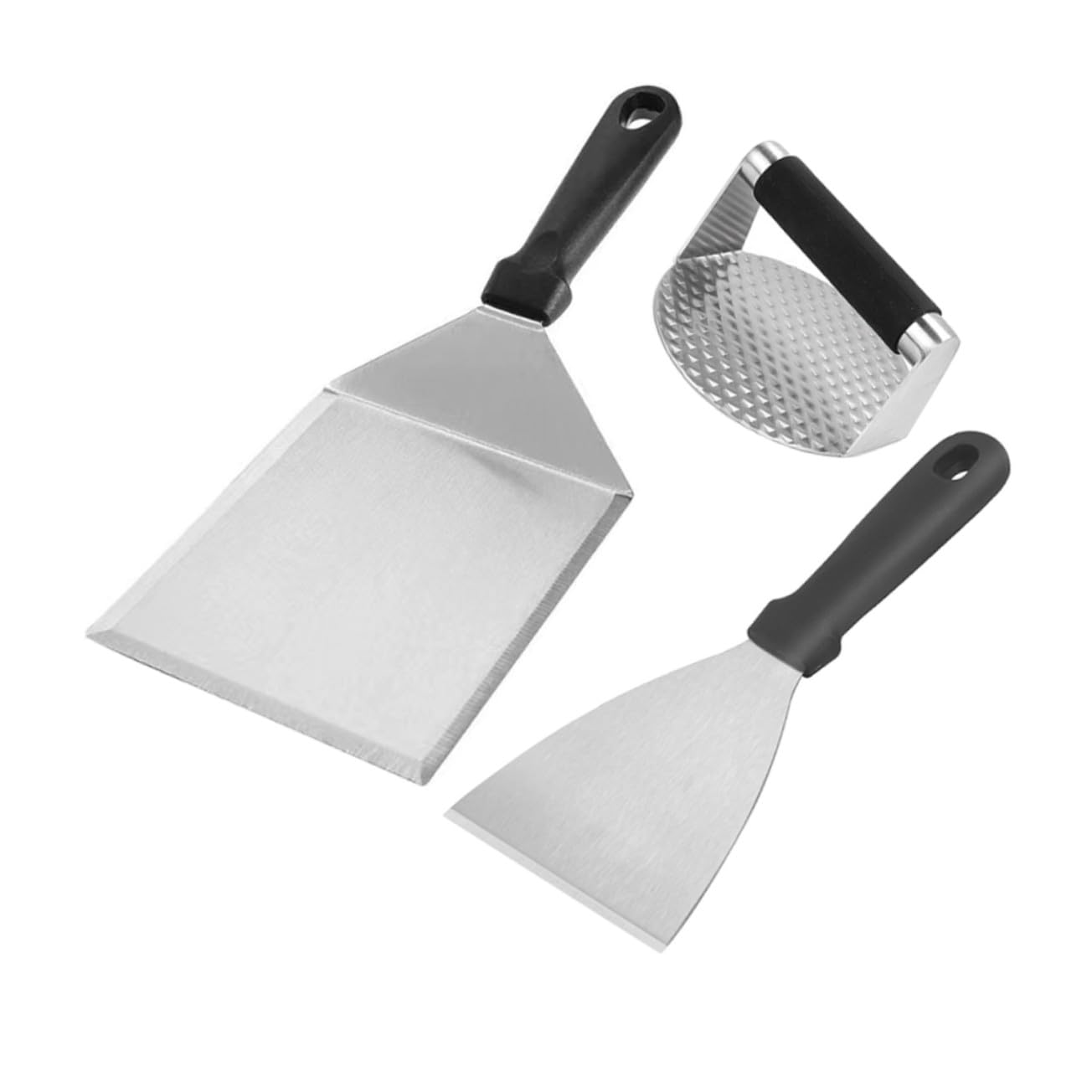 Set Utensili Barbecue in Acciaio Inox con Pressa per Carne | Impugnatura in Pp, Robusto e Non Facile da Deformare, per Cucina e Preparazione Burger