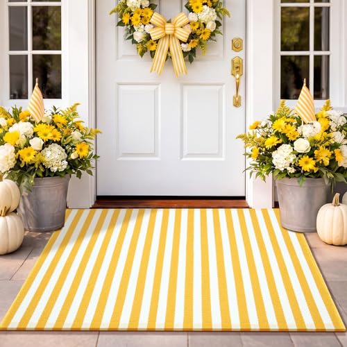 Moucuny Yellow and White Summer Striped Rug 2 x 3 Outdoor Front Porch Door Mat Polyester Washable Entryway Rug Home Farmhouse Decor