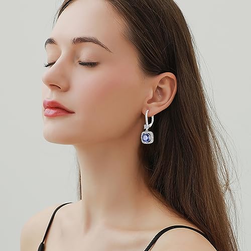 Square Shaped Dangle Drop Earrings for Women, 925 Sterling Silver 5A Cubic Zirconia Leveback Ruond Birthstone Earrings for Hypoallergenic Jewelry Gifts for Her2