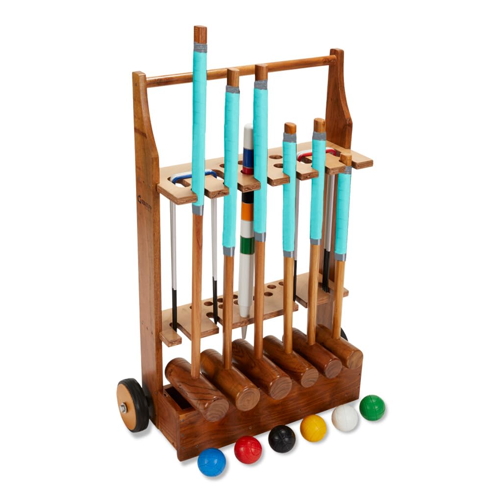 Uber Games Top Qualität Krocket Spiel aus England - 6 Personen Hartholz Croquet Set mit Trolley - Familien-Krocket-Set mit 6 Holzschlägern in Verschiedenen Größen und 6 Holzkugeln