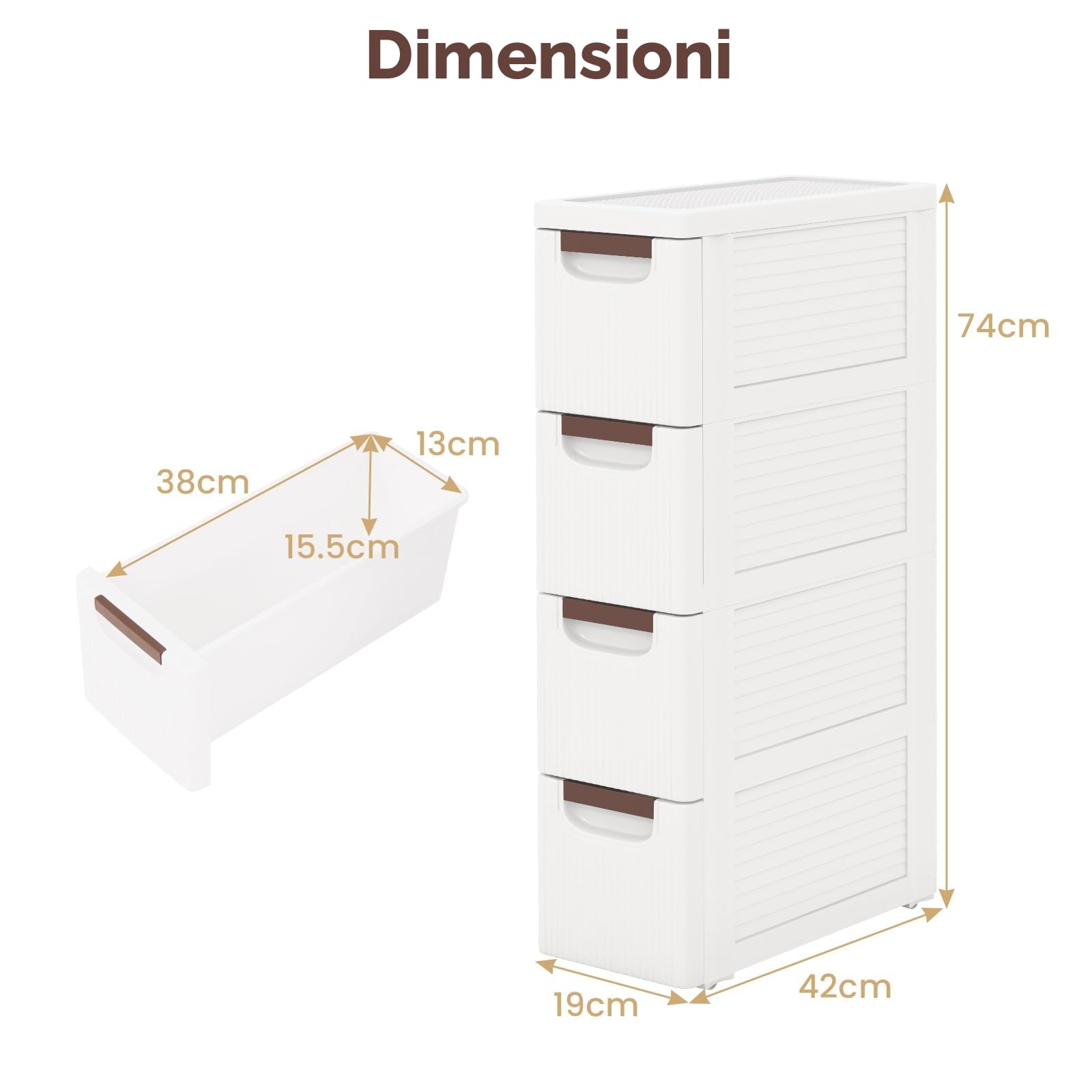 KOMFOTTEU Carrellino Stretto con Ruote, Cassettiera 3/4/5/6 Cassetti Slim, Carrello Portaoggetti a Rotelle, Mobiletto Bagno Salvaspazio per Cucina, Soggiorno, Camera da Letto, Bianco (4 Cassetti)