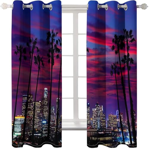 Homxi Cortinas Blackout 2 Piezas Comedor,2 x 107W x 183H CM,Cortinas de Salon con Ojales Paisaje de Nocturna de Ciudad Palmera y Atardecer Cortina Negro Púrpura Salon