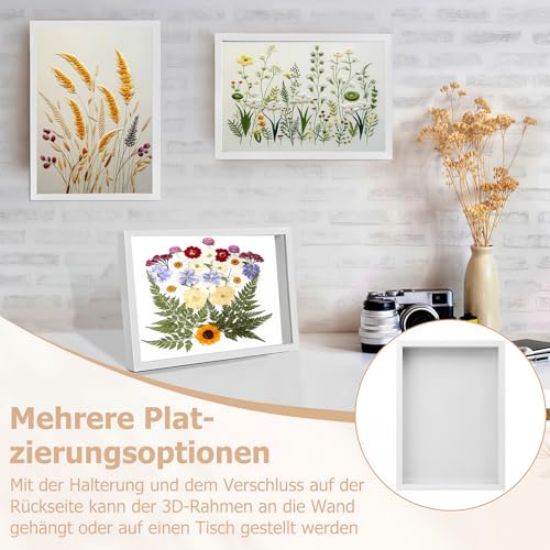 3D Bilderrahmen Zum Befüllen, 29.7 x 42 cm Bilderrahmen Tief Hölzern Bis 3cm, Tiefer Bilderrahmen Zum Befüllen für Objekte Blumen Hochzeitsgeschenk oder Erinnerungsstücke Weiß