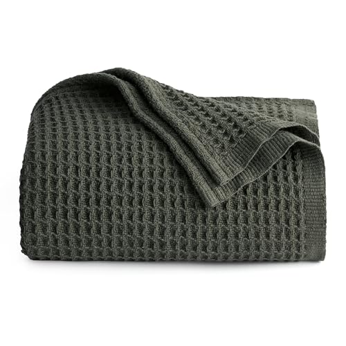 Image of Bedsure 100% Cotton Throw Blanket for Couch 50x70 inches - Cooling Breathable and Soft for Summer, Waffle Weave Throw Blanket for Office, Olive Green