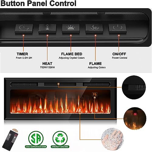 50" Ultra-Thin Electric Fireplace Recessed And Wall Mounted, Silence Electric Fireplace Inserts, Fireplace Heater And Linear Fireplace With Timer, Remote Control, 12 Adjustable Flame Color, 750W/1500W #TOP2