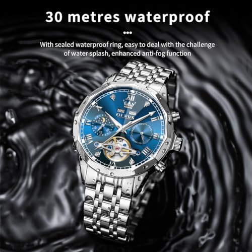 Image of OLEVS Automatic Watch for Men Original Luxury Diamond Self Winding Multifunctional Men's Watch Stainless Steel Waterproof Moon Phase Watches