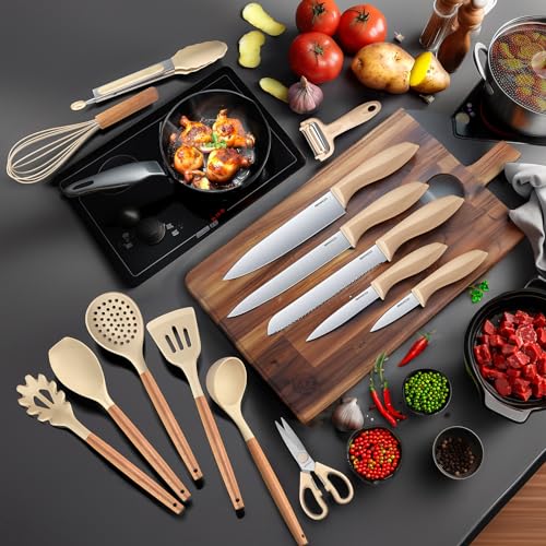 Image of RAXCO Kitchen Set,18-Piece Silicone Cooking Utensils and Stainless Steel Chef's Knives,Khaki (Khiki)