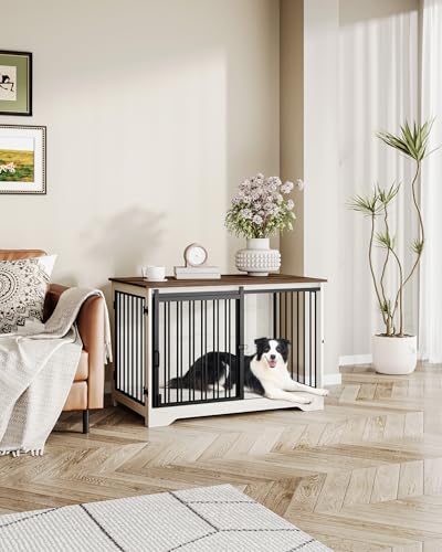 Hzuaneri Hundekäfig Möbel, 100cm hundebox für zuhause, Schiebetüren, 2 Tür, Moderne hundebox Holz Indoor für kleine/mittlere/große Hunde, Hundekäfig für Zuhause, 100 x 60 x 68 cm, Weiß Braun