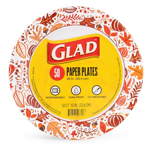 Glad Disposable Paper Plates Happy Fall Design - Soak Proof Cut-Resistant and Microwavable for All Foods Great for Fall Parties and Everyday Meals Multicolor 10 Inch 50 Count