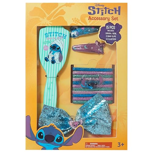 LUV HER Girls 15-Piece Hair Accessories Set The Stitch-Themed Brush Bow PVC Snap Clips & Lurex Elastics Fun & Practical Hair Set for Kids Ages 3+