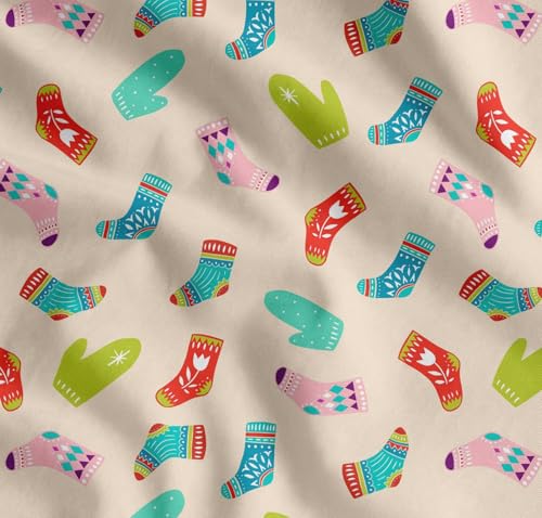 Image of Soimoi White Cotton Poplin Fabric Socks & Gloves Folk Art Print Fabric by Meter 56 Inch Wide