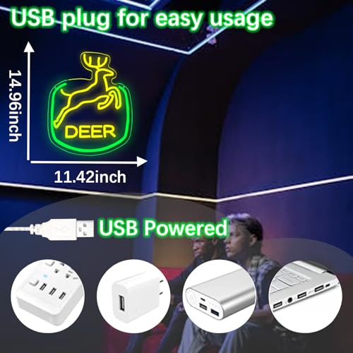 Image of Jumping Deere Neon Sign for Wall Decor, Tractor Neon Lights with Dimmer Swtich for Farm Farmhouse, USB Powered LED Sign forBar, Man Cave, Bedroom Living Room Cabin Bar Rustic Wall Decor, 11.4*14.9IN
