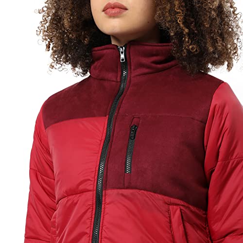 Image of Campus Sutra Women Red & Maroon Puffer Regular Fit Bomber Jacket For Winter Wear | Standing Collar | Full Sleeve | Zipper | Casual Jacket For Woman & Girl | Western Stylish Jacket For Women
