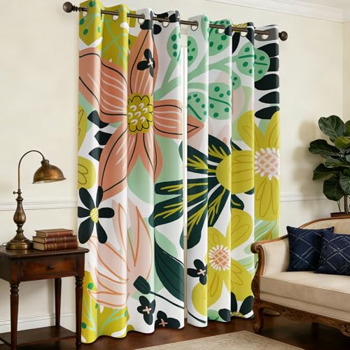 Image of Tyrot Pink Green Botanical Blackout Curtains for Bedroom,52W x 96L,2 Panels
