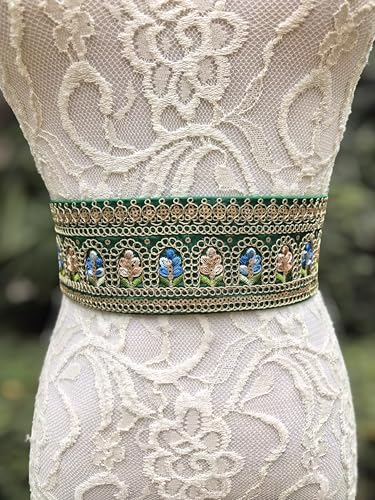FANFAN Green Embroidered Belt Mexican Embroidered Belt for Women Vitage Floral Belt Boho Tassel belt Ethnic Waist Belt E62