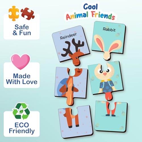 Image of Lefan Wooden Jigsaw Puzzle for Kids (Pack of 12 Animals) | Animal Puzzle Learning Toy for Toddlers 3+ Years | Educational Matching Puzzle Board | Eco-Friendly Wooden Toys for Boys & Girls