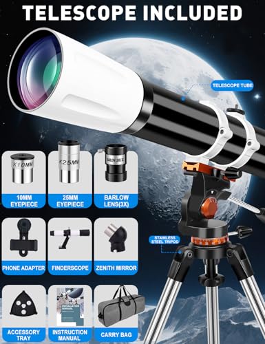 Image of Telescope for Adults High Powered 90mm Aperture 800mm,Refractor Telescopes for Astronomy Beginners with AZ Mount Tripod,Phone Adapter,Carry Bag (80090black-white)