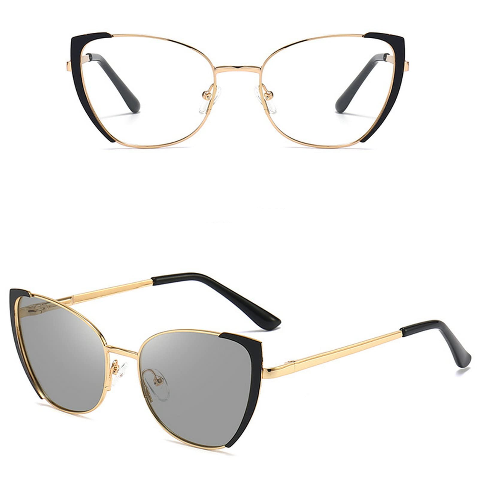 mincl Transition Sunglasses Women Sun Photochromic Lens Metal Full Frame Cat Eye Reading Glasses For Women Black Glasses Frame (Black&gold, 2.5)