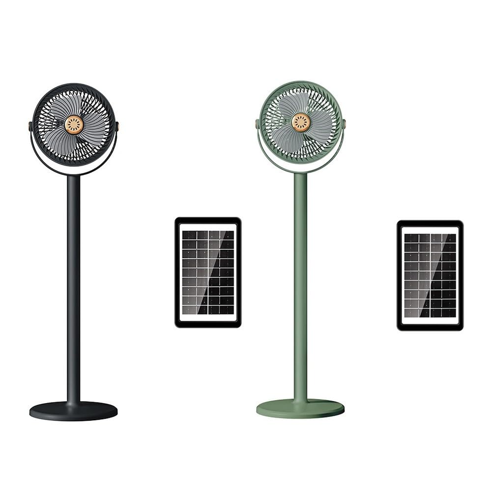 EasyByMall Ventilatore solare portatile da terra con regolazione verticale a 360°, ventilatore da pavimento a batteria ricaricabile a 5 velocità con luce LED per campeggio, casa, ufficio all'aperto