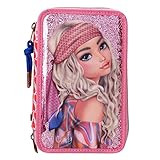 Depesche 11977 TOPModel Seventies - Gefüllte 3-Fach Federtasche mit Glitzer, Model-Motiv und Herz-Muster, Federmäppchen in Rosa mit Buntstiften, Lineal, Schere uvm.