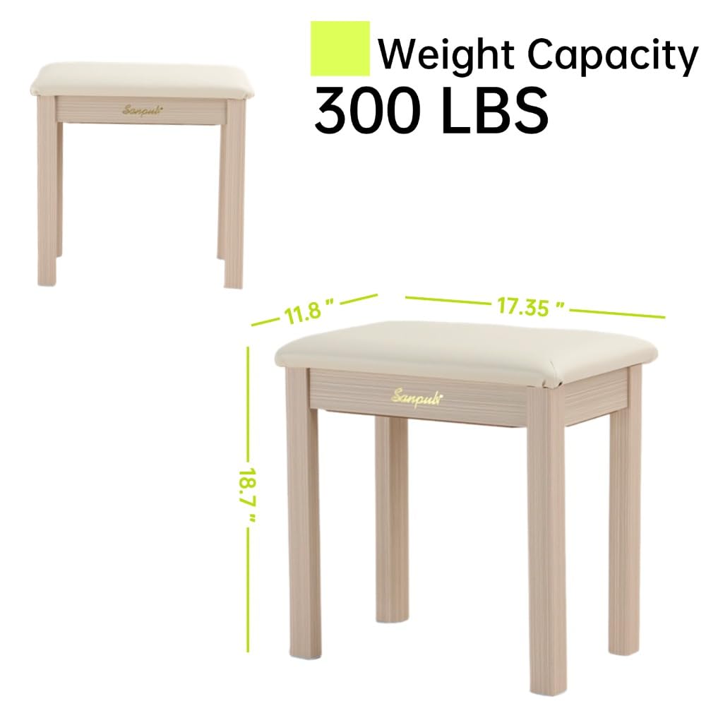 Sanpuli Einzelne Klavierbank aus Massivholz, Klavierhocker, Klavierbank mit Aufbewahrung/Keyboardbank, hochdichtes Schwammkissen für lange Nutzungsdauer. Tragkraft 136 kg (Beige)