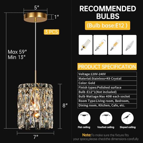 Image of Modern K9 Gold Crystal Pendant Lights Kitchen Island Set of 3